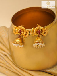 Rajwada Mini Gold Plated 925 Silver Jhumkis with Dyed Ruby and Pearl view 2