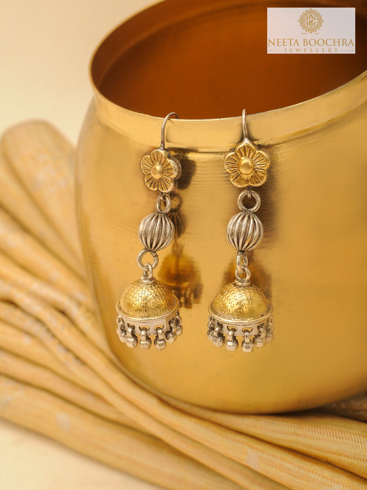 Rajwada 925 Silver Two Tone Floral Jhumki with Ghungroos