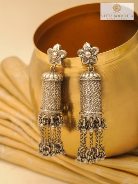 Rajwada Floral 925 SIlver Jhumki with Long Ghungroos