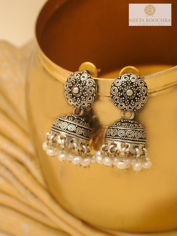 Rajwada Oxidized 925 Silver Rawa Jhumki with Pearl alternate view