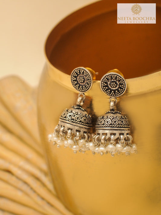 Rajwada Oxidized 925 Silver Rawa Jhumki