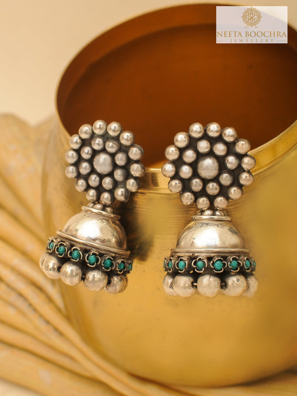 Rajwada 925 Silver Jhumki with Turquoise Gemstone alternate view
