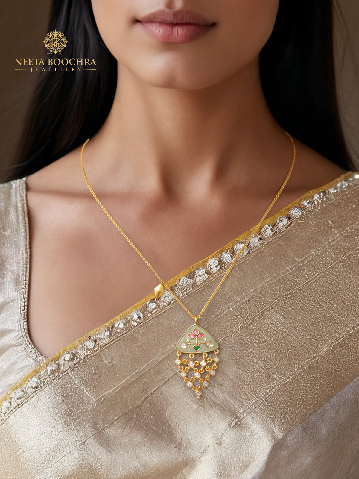925 Silver Padmavati Trillion Prehnite Kundan Necklace view 1