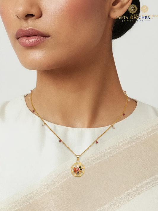 925 Silver Gold Plated Navratan Motif Pendant Necklace