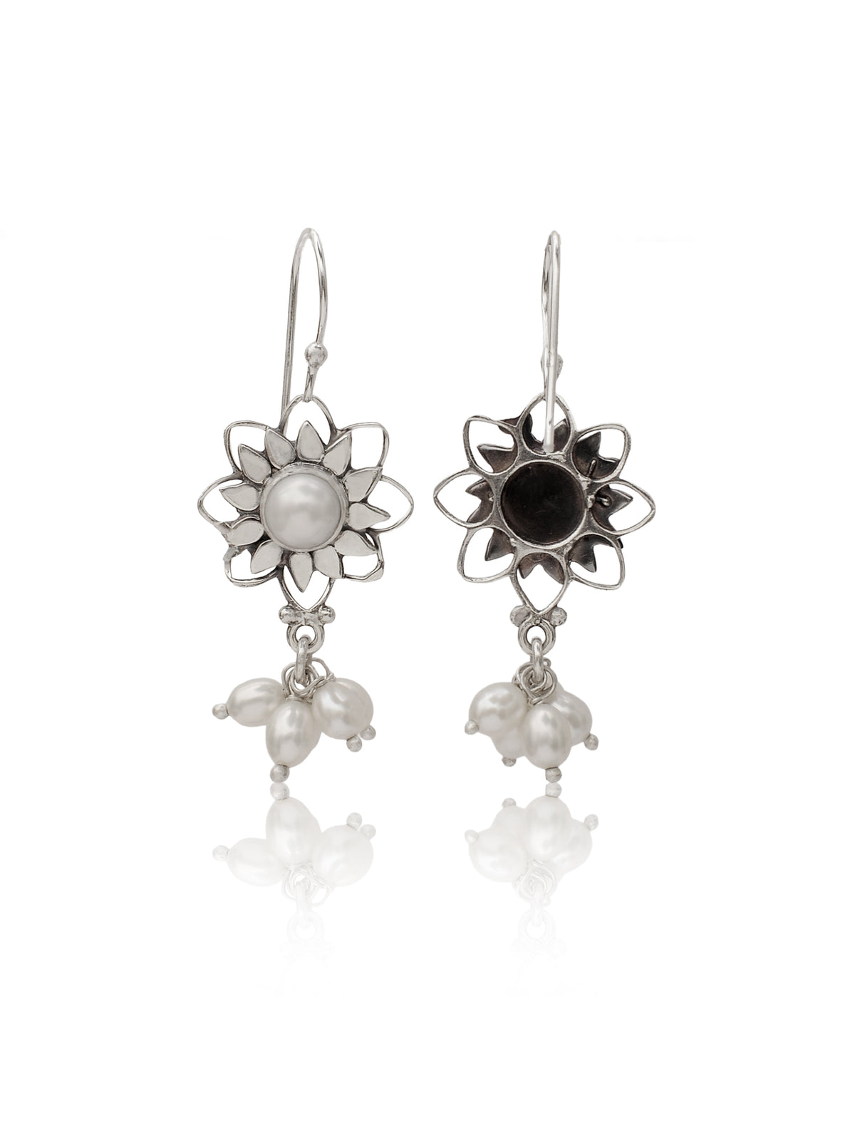 Chandrika 925 Silver Sunflower Pearl Dangler Earrings view 3