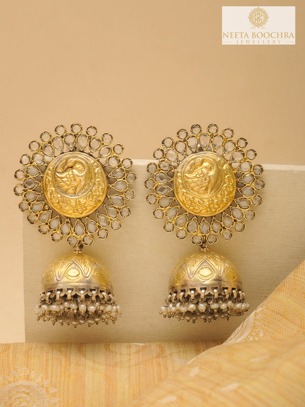 Rajwada 925 Silver Two Tone Statement Peacock Motif Jhumkis with Crystal and Pearl alternate