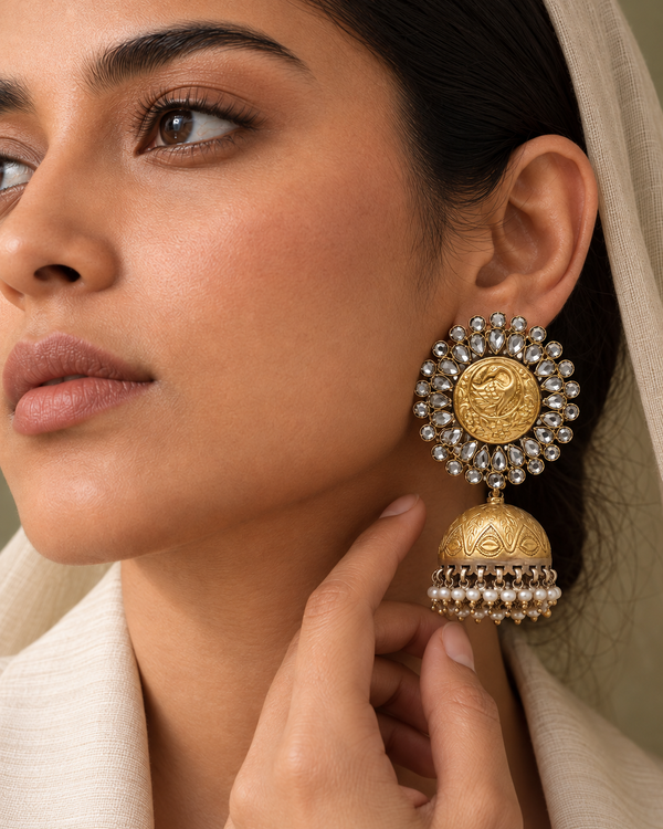 Rajwada 925 Silver Two Tone Statement Peacock Motif Jhumkis with Crystal and Pearl