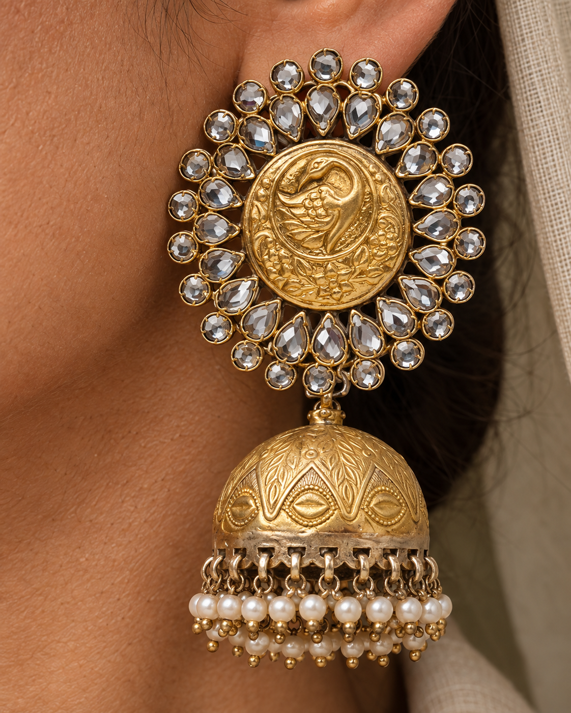 Rajwada 925 Silver Two Tone Statement Peacock Motif Jhumkis with Crystal and Pearl view 3
