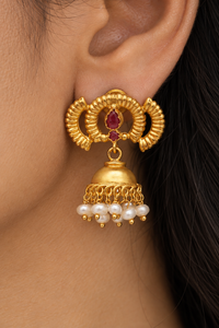 Rajwada Mini Gold Plated 925 Silver Jhumkis with Dyed Ruby and Pearl view 3
