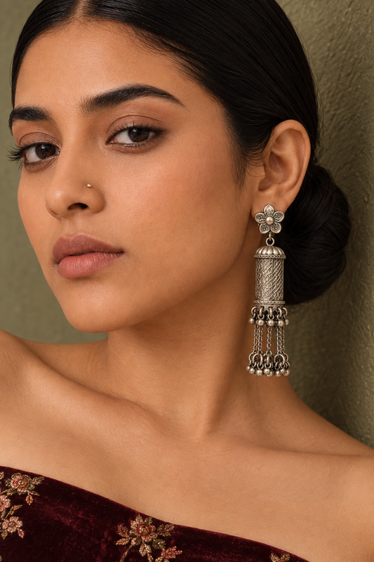Rajwada Floral 925 SIlver Jhumki with Long Ghungroos