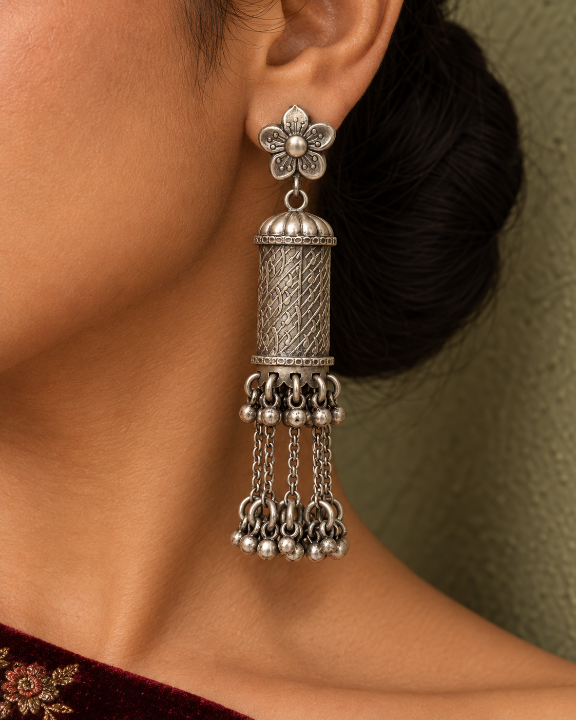 Rajwada Floral 925 SIlver Jhumki with Long Ghungroos view 3
