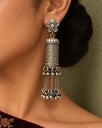 Rajwada Floral 925 SIlver Jhumki with Long Ghungroos view 3