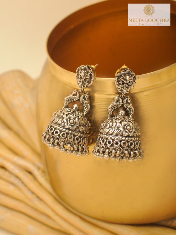 Rajwada Oxidized 925 Silver Peacock Motif Jhumki with Ghungroos