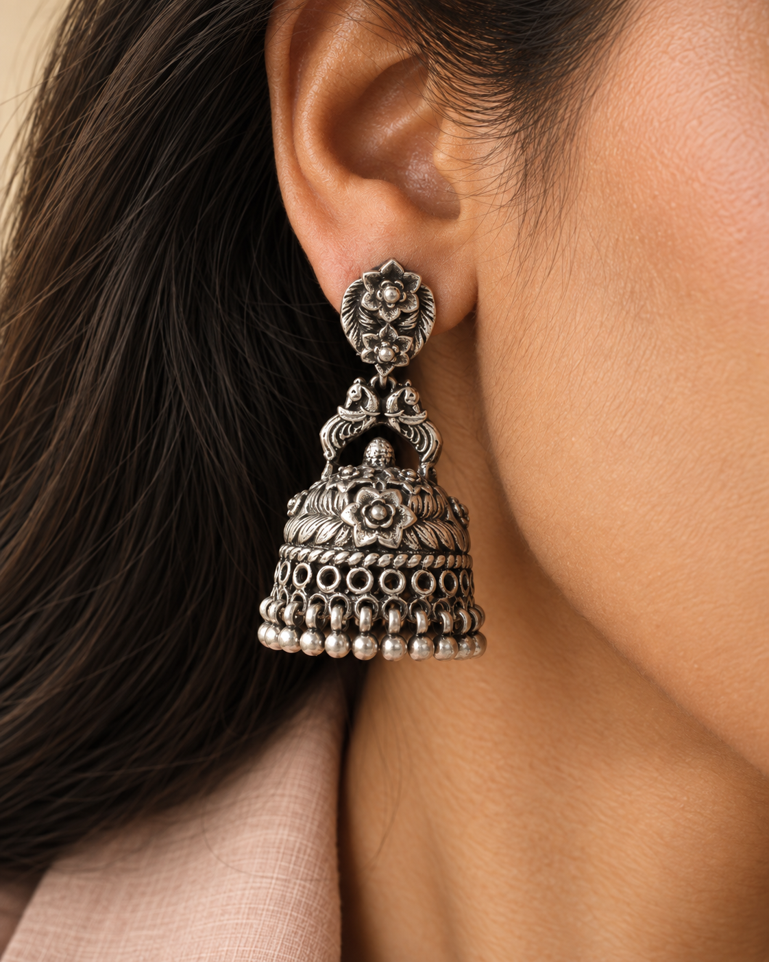 Rajwada Oxidized 925 Silver Peacock Motif Jhumki with Ghungroos view 3