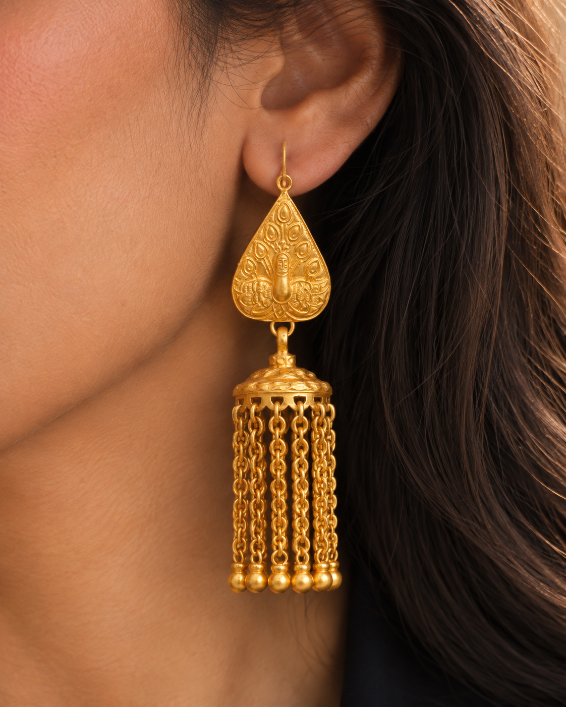 Rajwada Festive Gold Plated 925 Silver Peacock Motif Earrings with Long Ghungroos view 3