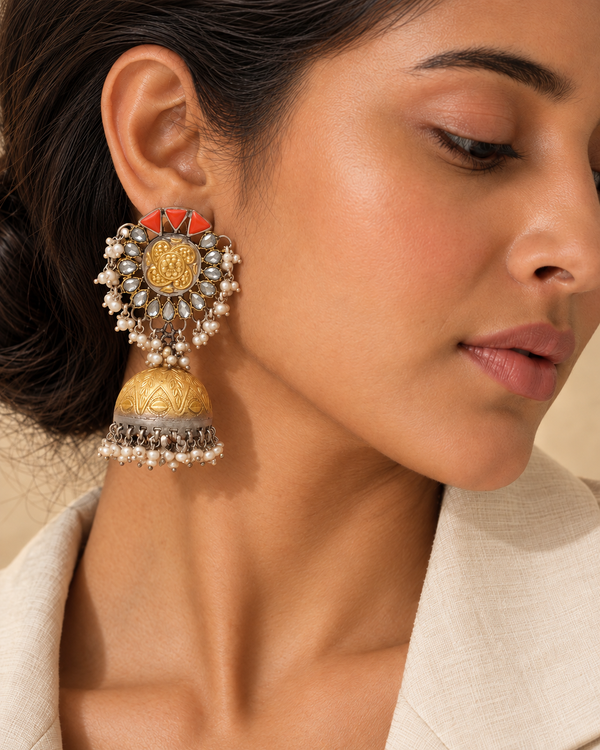 Rajwada 925 Silver Statement Two Tone Jhumkis with Red Coral and Pearl alternate