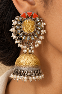 Rajwada 925 Silver Statement Two Tone Jhumkis with Red Coral and Pearl view 3