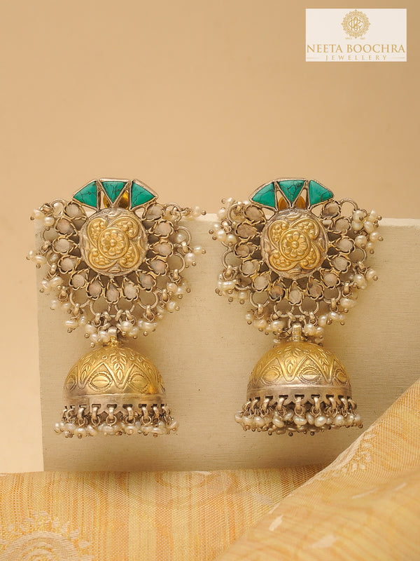 Rajwada 925 Silver Statement Two Tone Jhumkis with Turquoise and Pearl alternate