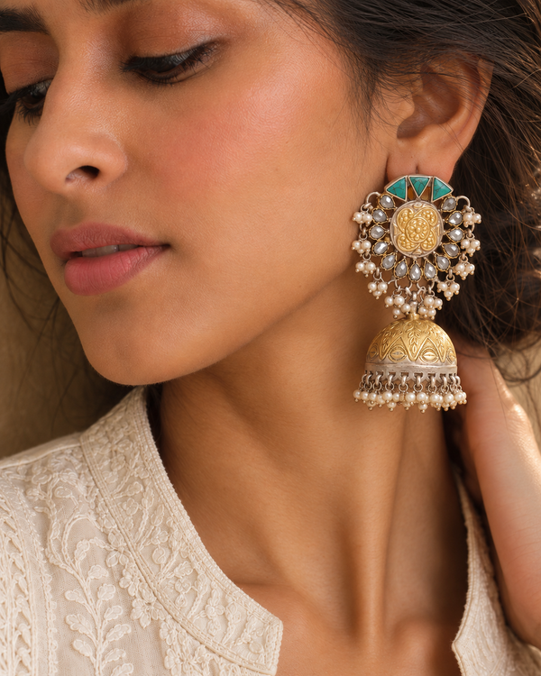 Rajwada 925 Silver Statement Two Tone Jhumkis with Turquoise and Pearl