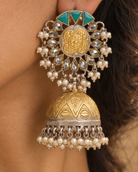 Rajwada 925 Silver Statement Two Tone Jhumkis with Turquoise and Pearl view 3