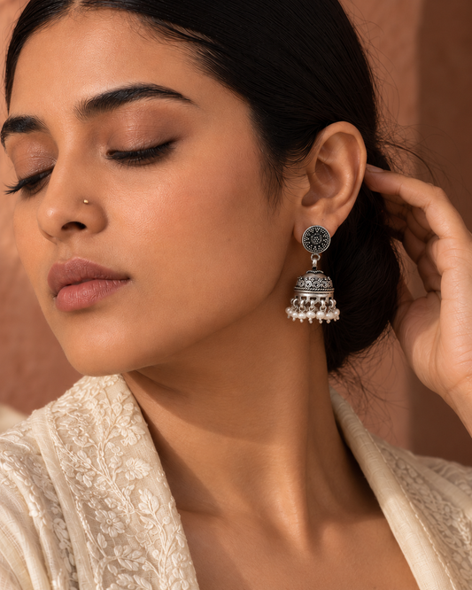 Rajwada Oxidized 925 Silver Rawa Jhumki