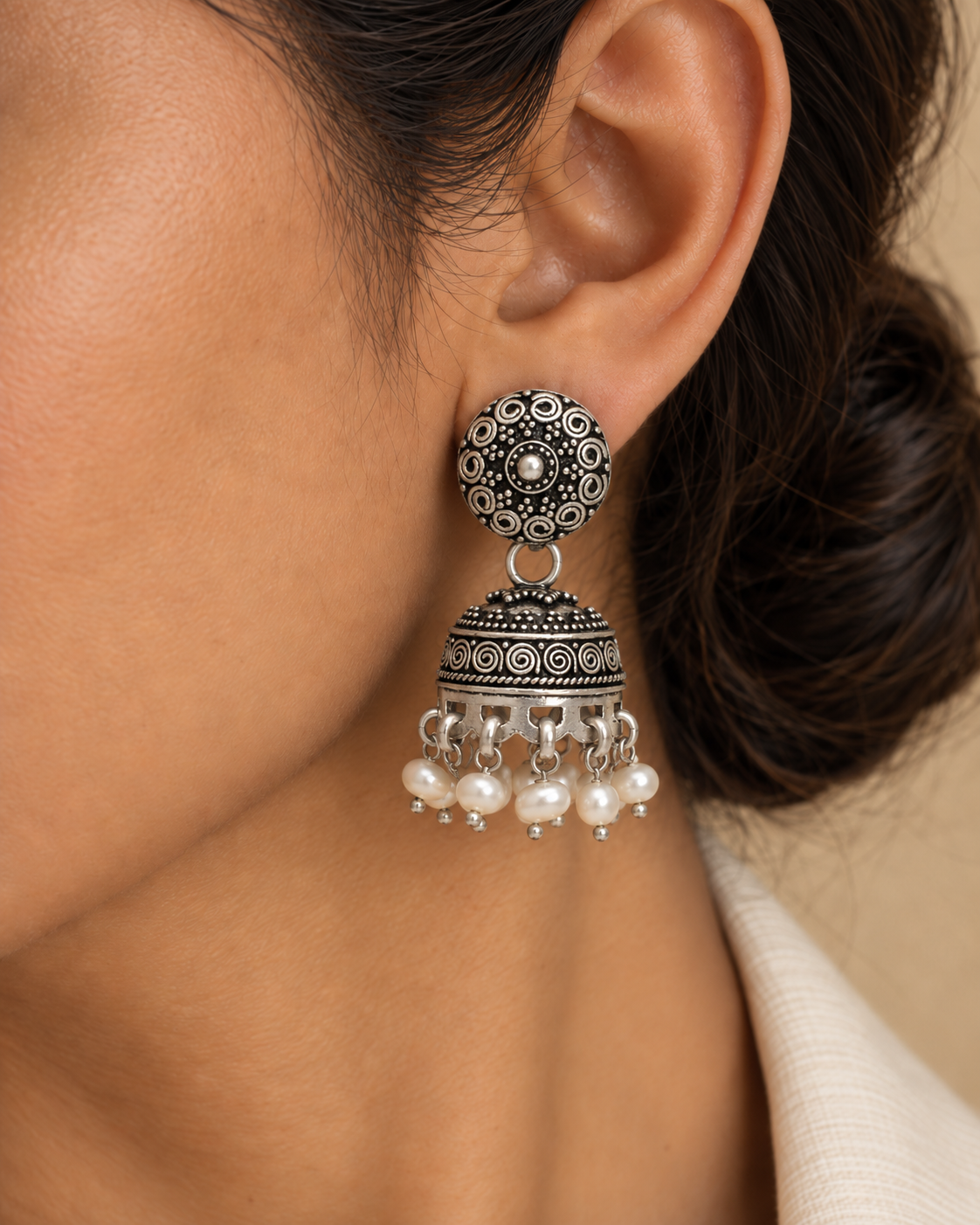 Rajwada Oxidized 925 Silver Rawa Jhumki with Pearl view 3