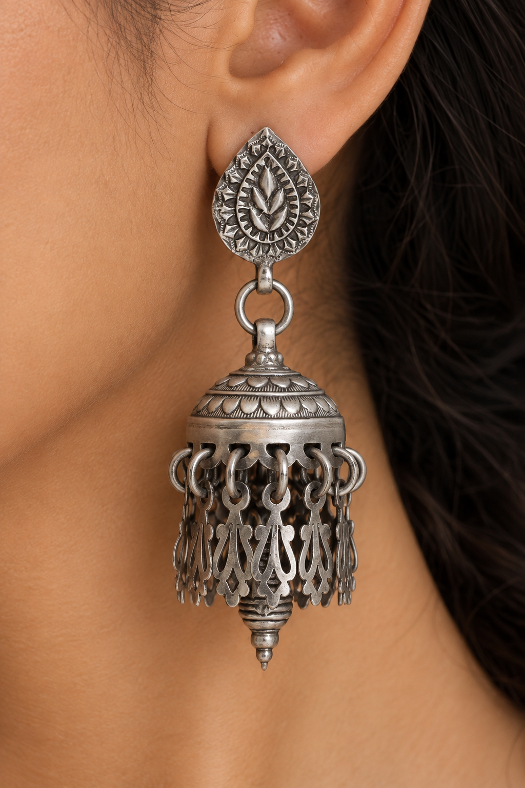 Rajwada Antique 925 Silver Jhumki with Designer Ghungroos view 3