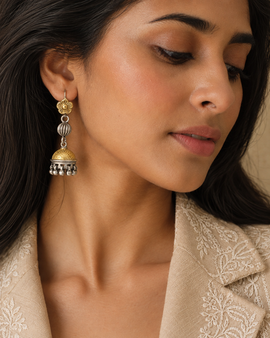 Rajwada 925 Silver Two Tone Floral Jhumki with Ghungroos