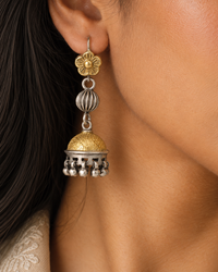 Rajwada 925 Silver Two Tone Floral Jhumki with Ghungroos view 3
