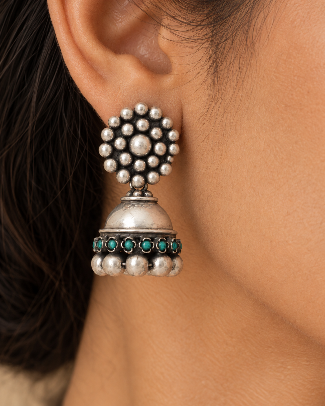 Rajwada 925 Silver Jhumki with Turquoise Gemstone view 3
