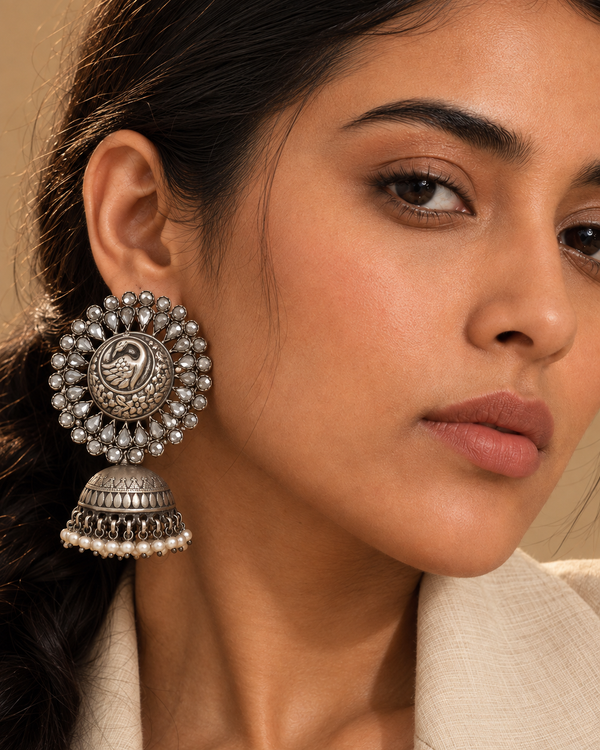 Rajwada 925 Silver Statement Peacock Motif Jhumkis with Crystal and Pearl