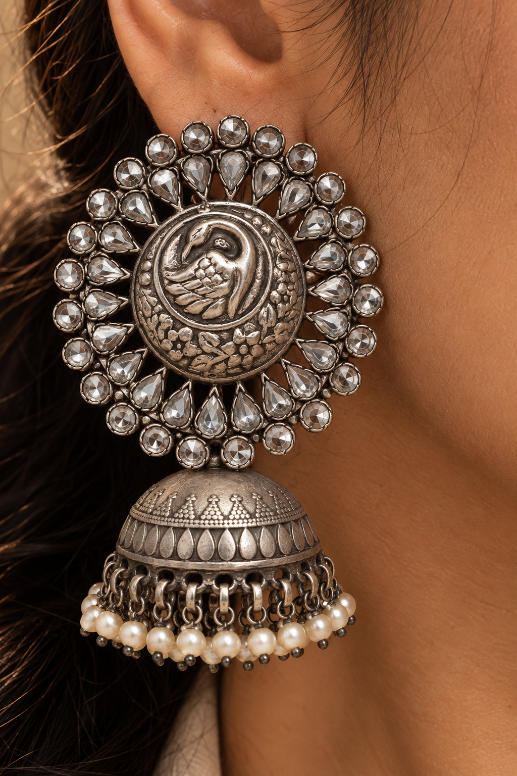 Rajwada 925 Silver Statement Peacock Motif Jhumkis with Crystal and Pearl view 3