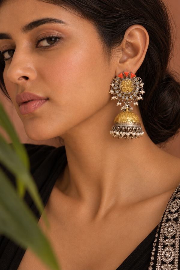 Rajwada 925 Silver Statement Two Tone Jhumkis with Orange Corals  and Pearl alternate