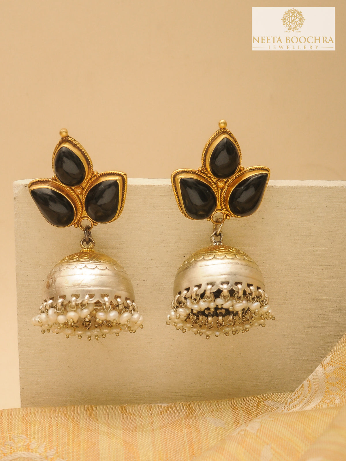 Rajwada Statement 925 Silver Two Tone Jhumki with Pearl and Black Onyx Gemstone view 2