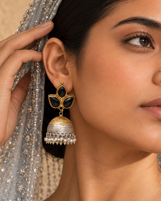 Rajwada Statement 925 Silver Two Tone Jhumki with Pearl and Black Onyx Gemstone