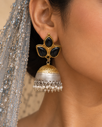 Rajwada Statement 925 Silver Two Tone Jhumki with Pearl and Black Onyx Gemstone view 3