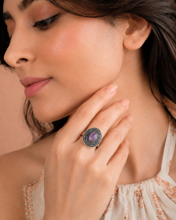 Nitya 925 Silver Oxidized Amethyst Adjustable Ring