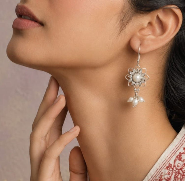 Chandrika 925 Silver Sunflower Pearl Dangler Earrings