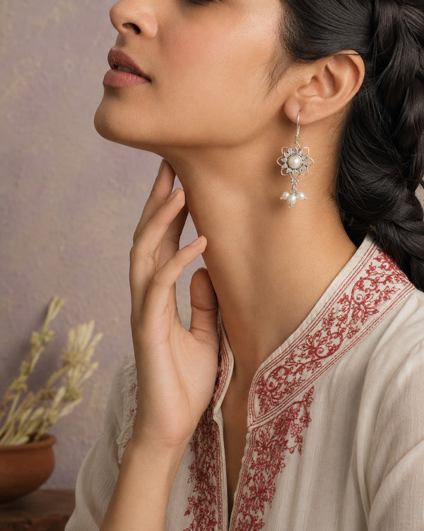 Chandrika 925 Silver Sunflower Pearl Dangler Earrings alternate