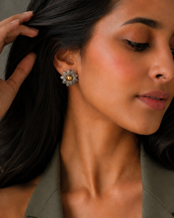 Nitya 925 Silver Two Tone Flower Earrings
