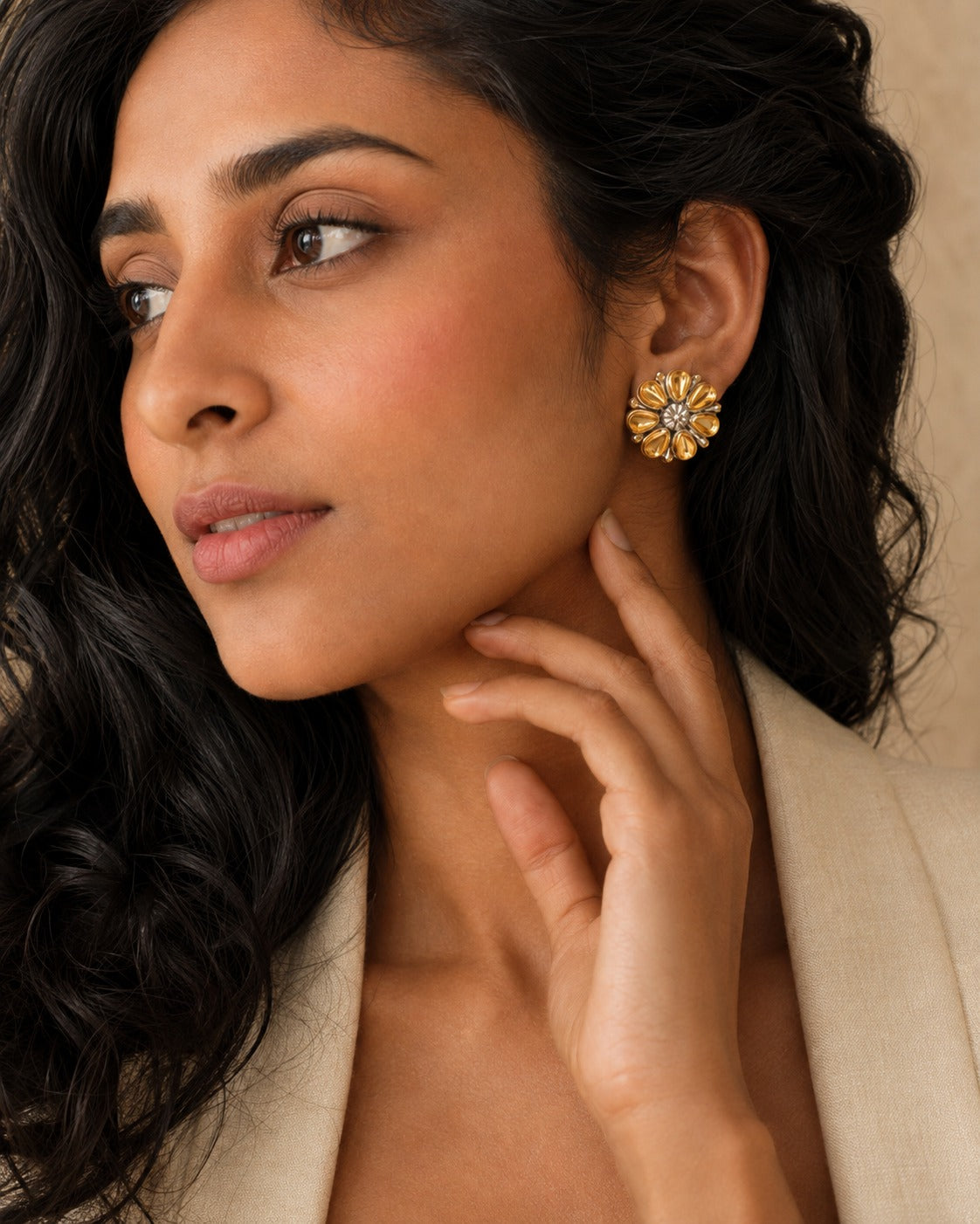 Nitya 925 Silver Two Tone Pear Earrings view 1