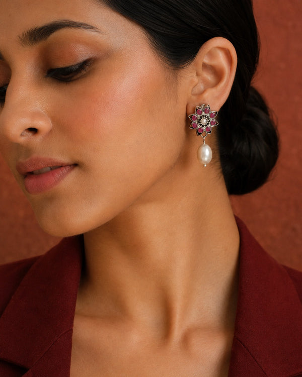 Nitya 925 Silver Star Earrings with Pearl Drop