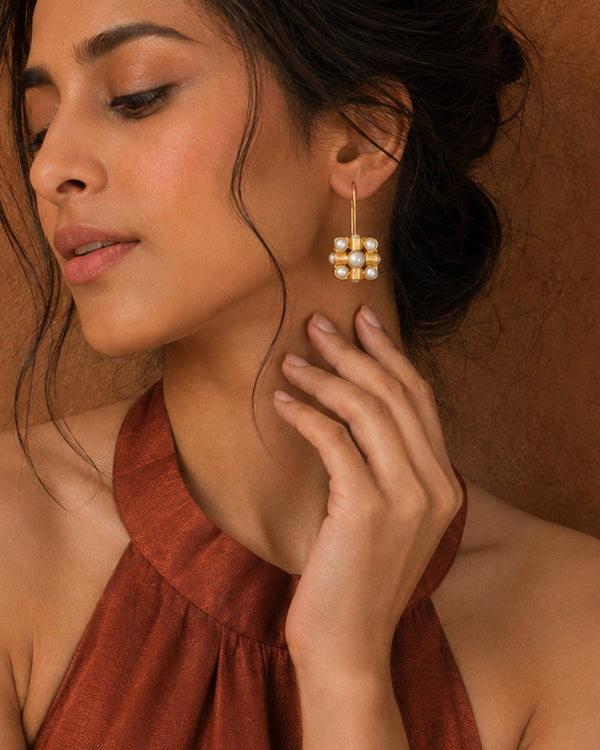 Nitya 925 Silver Gold Plated Pearl Danglers