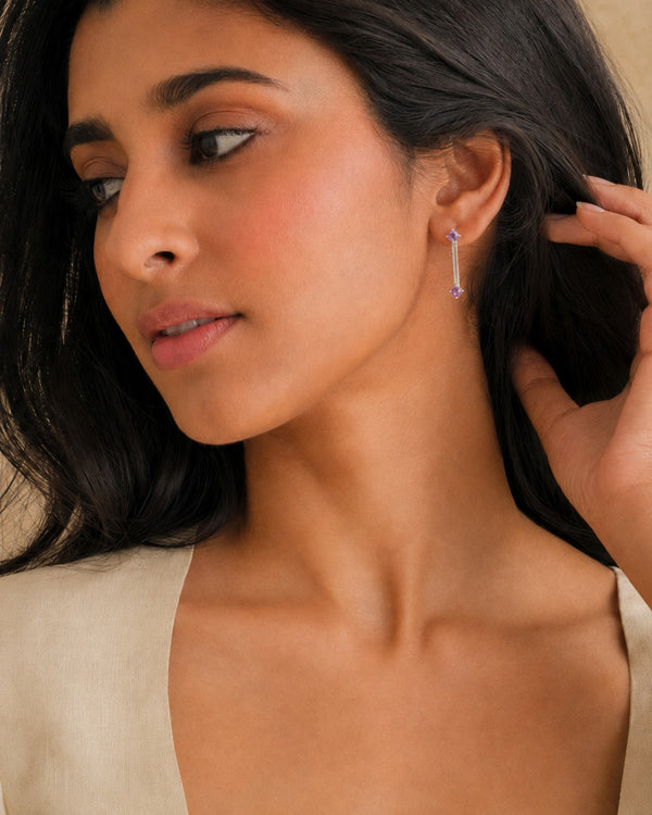Nitya 925 Silver Tube Earrings with Amethyst Stone