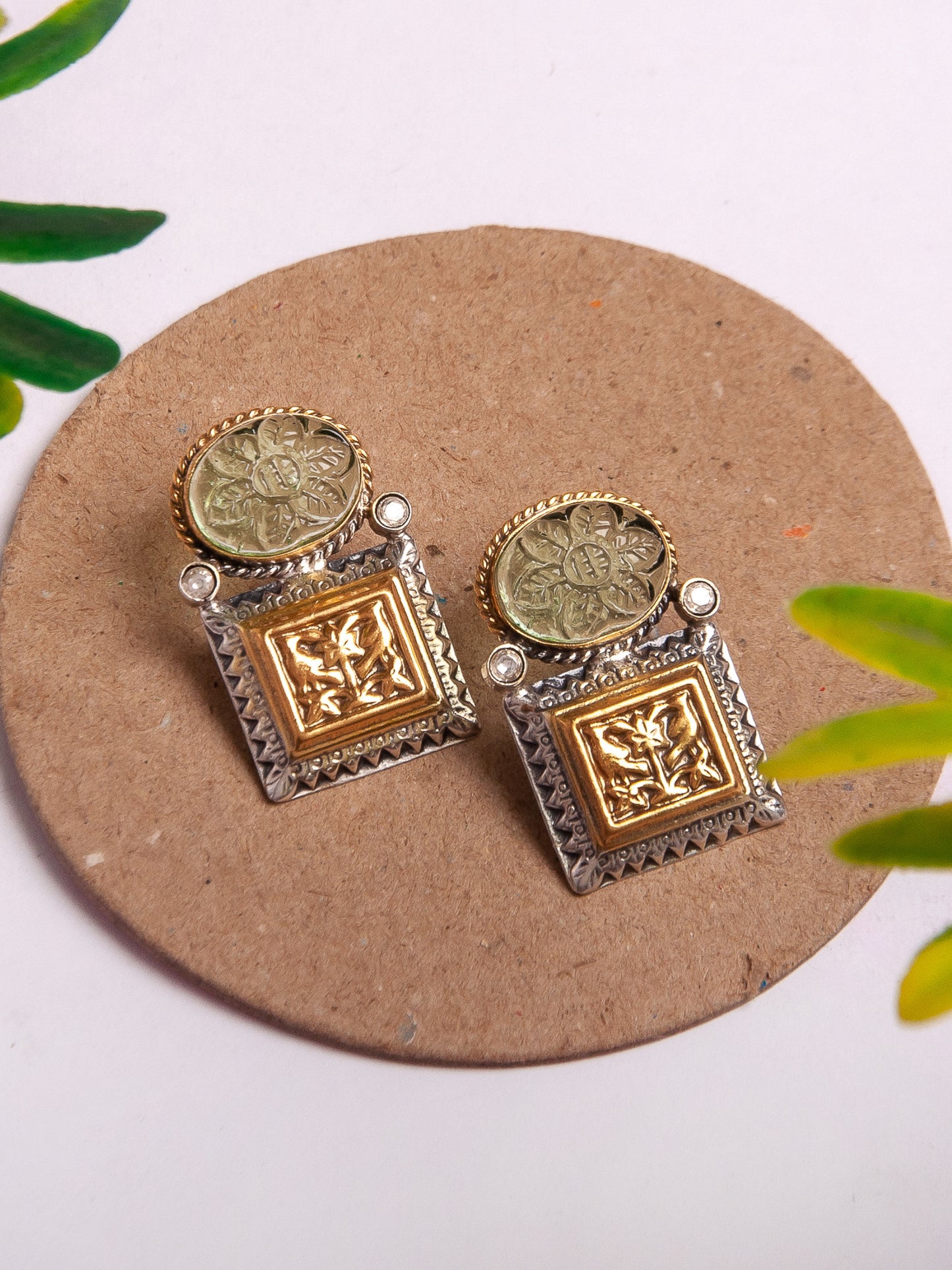 Floral Carved Green Stone Earrings - Sterling Silver & Gold Plated