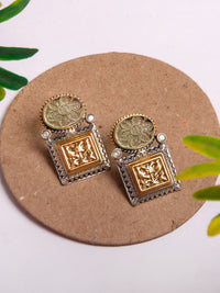 Floral Carved Green Stone Earrings - Sterling Silver & Gold Plated view 2