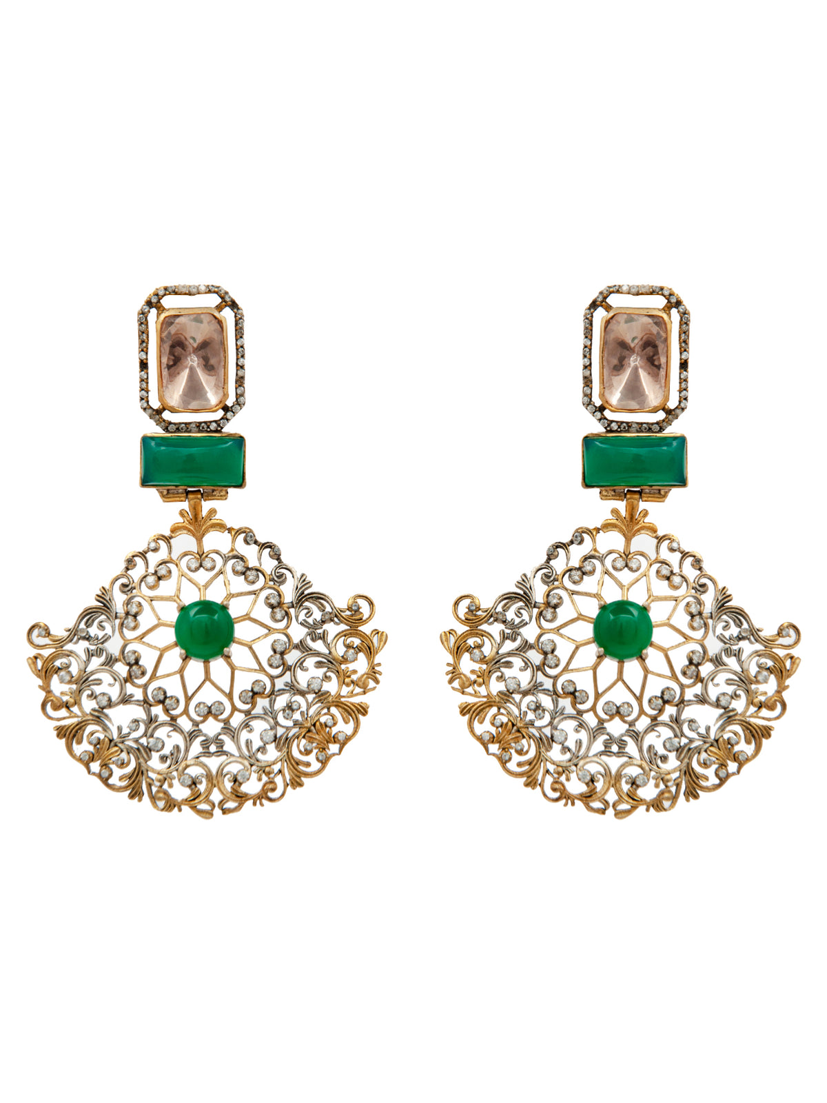 Shubhankar Dwirupa Moissanite Earrings: 925 Sterling Silver Two Tone Earrings with Green Onyx view 2