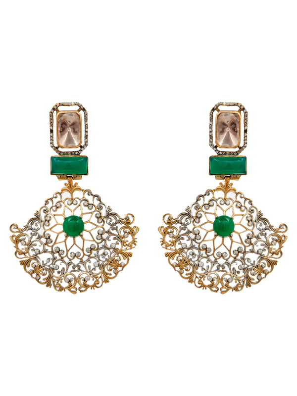 Shubhankar Dwirupa Moissanite Earrings: 925 Sterling Silver Two Tone Earrings with Green Onyx alternate