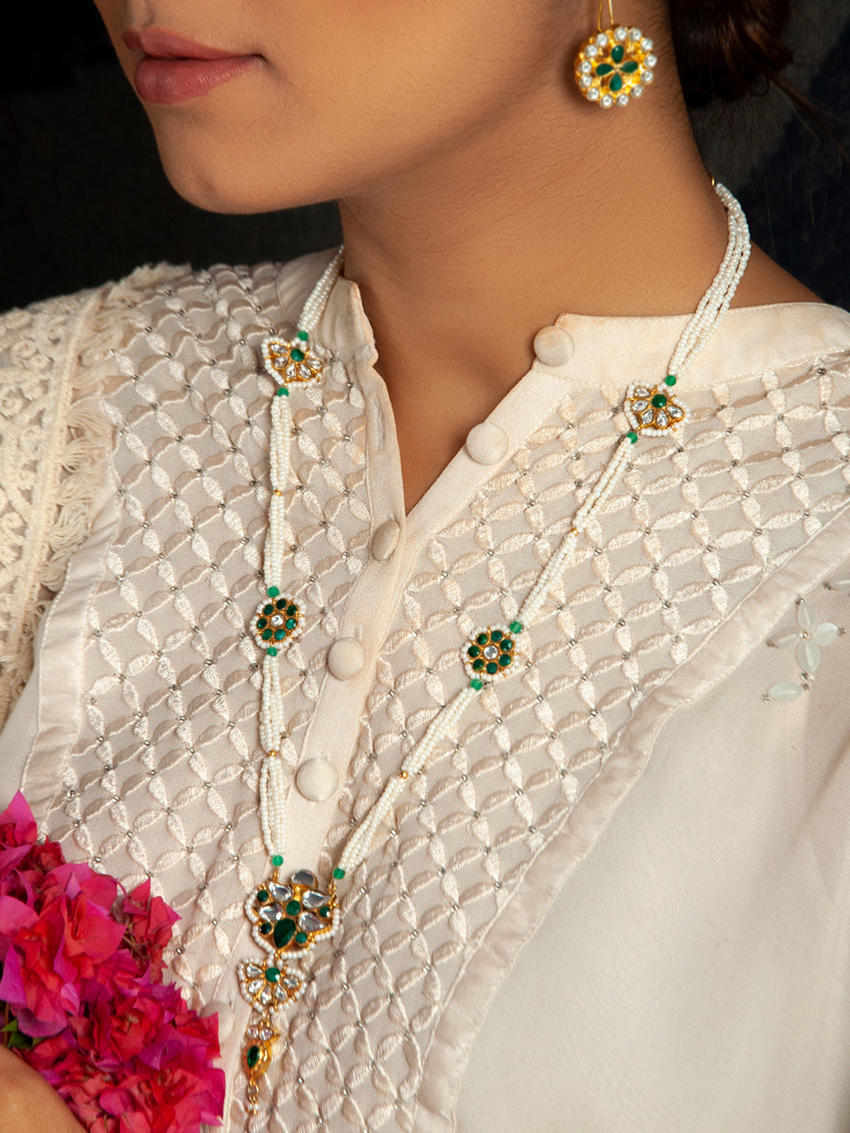 Floral Bliss: 925 Silver Floral Motif Pearl Beaded Necklace with Multicolor Kundan view 5