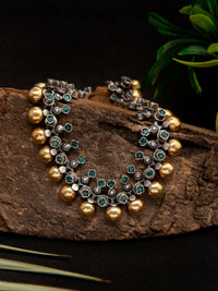 Green Tribal Elegance: 925 Silver Classic Two Tone Necklace with Green Onyx Gemstone view 1